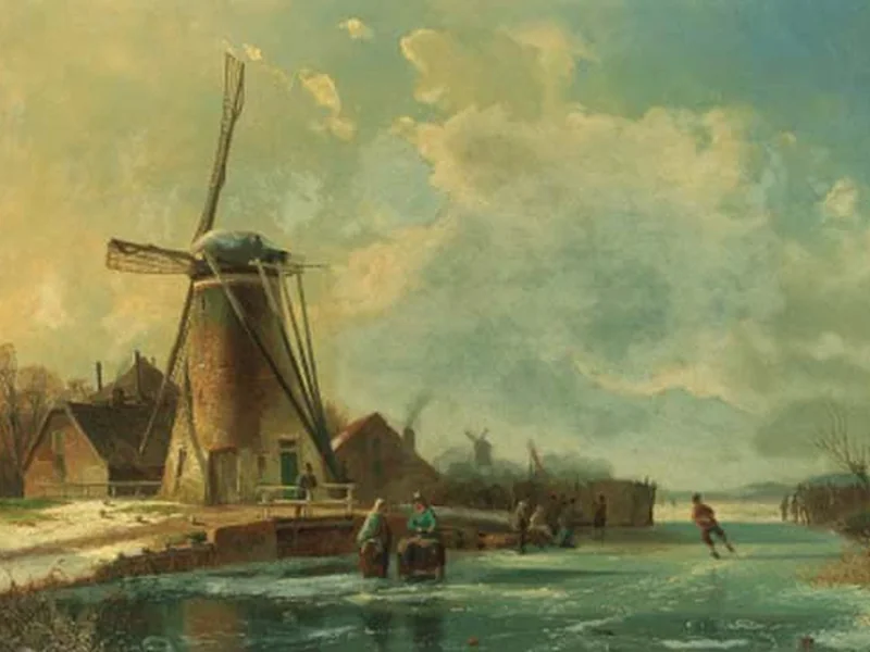 1802-Pieter van Borselen - Un paesaggio invernale con pattinatori vicino a un chiosco di bevande calde